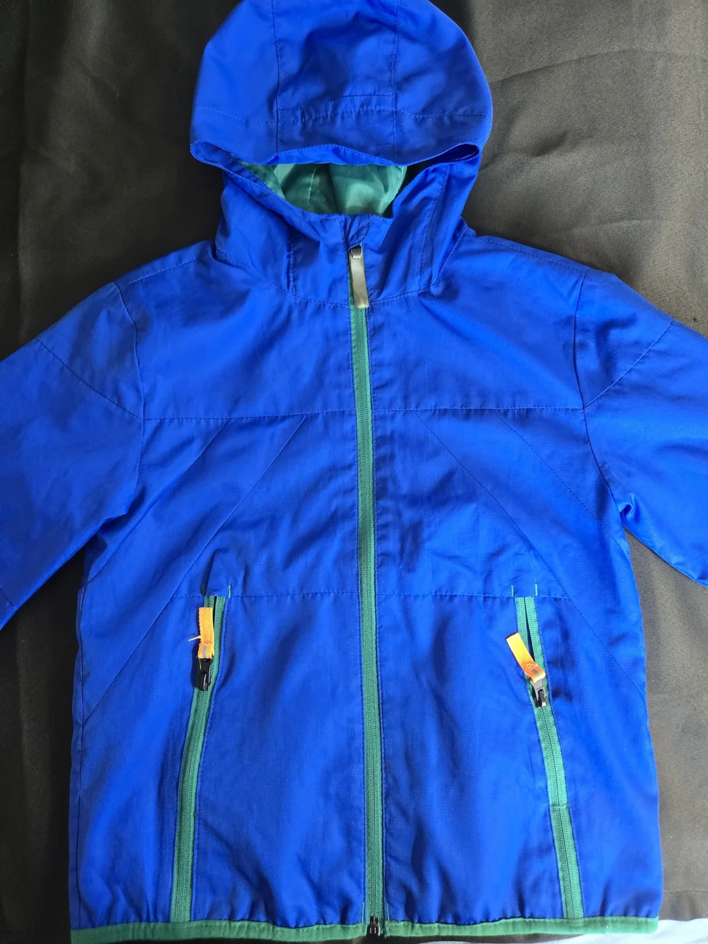 Champion Bright Blue Hooded Raincoat with Green Zippers